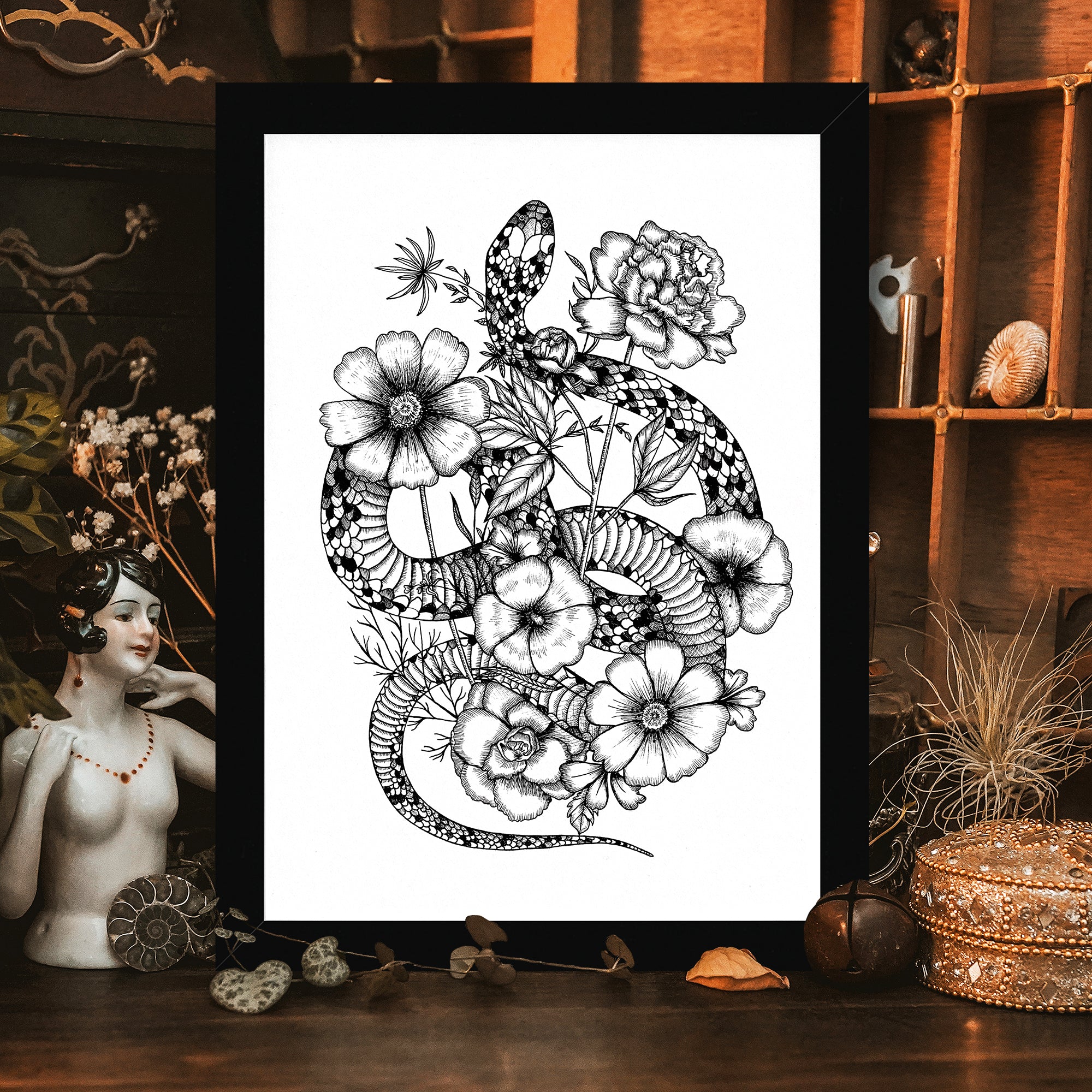 Floral Snake - Framed Giclée Art Print