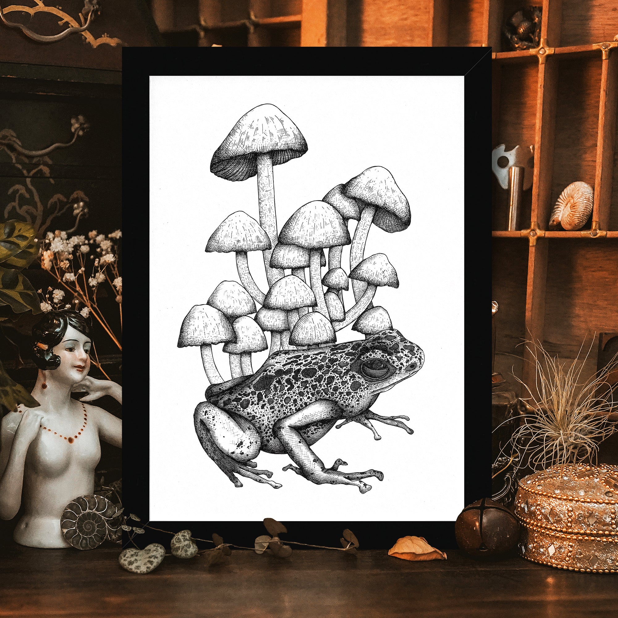 Frog and Mushrooms - Framed Giclée Art Print