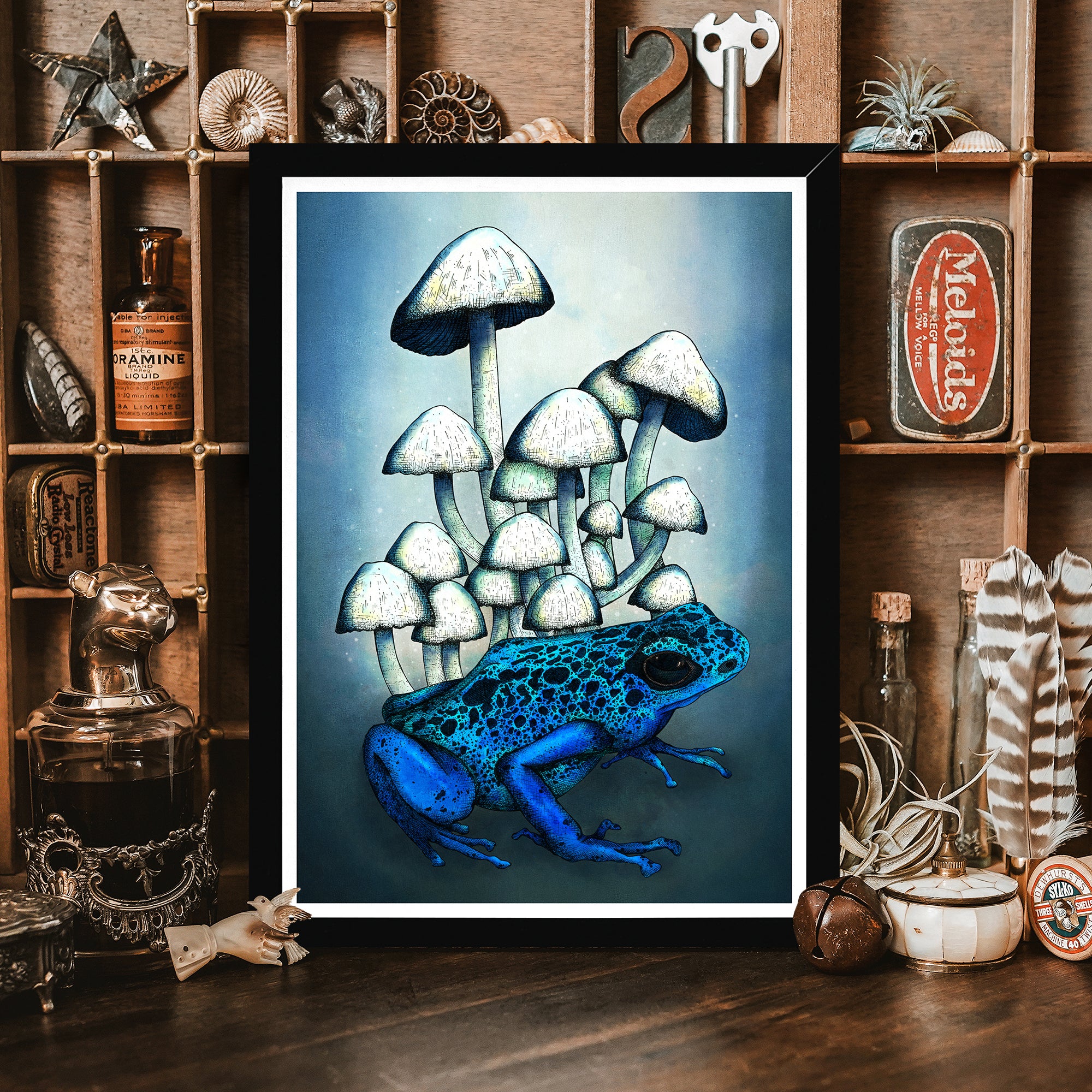 Frog and Mushrooms - Framed Giclée Art Print