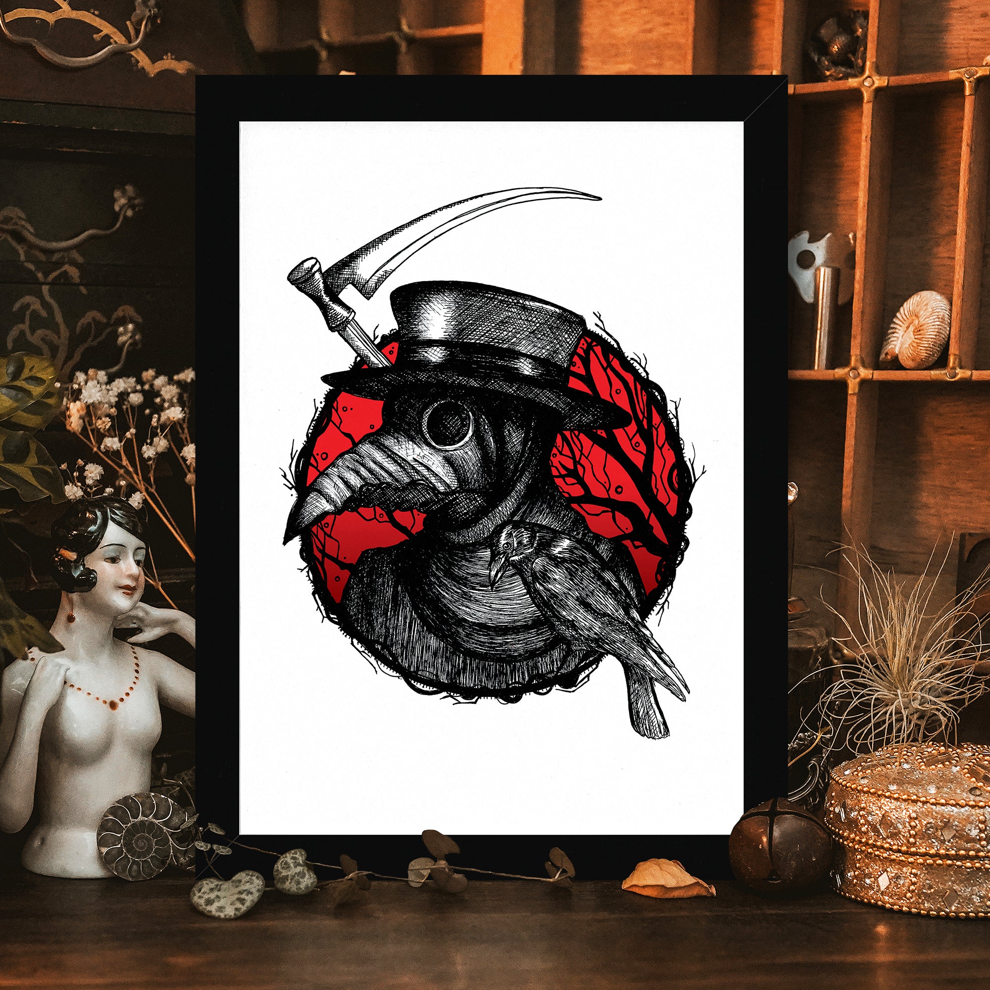 Plague Doctor Raven - Framed Giclée Art Print