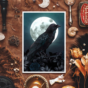 Raven and Full Moon - Giclée Art Print