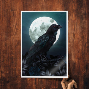 Raven and Full Moon - Giclée Art Print