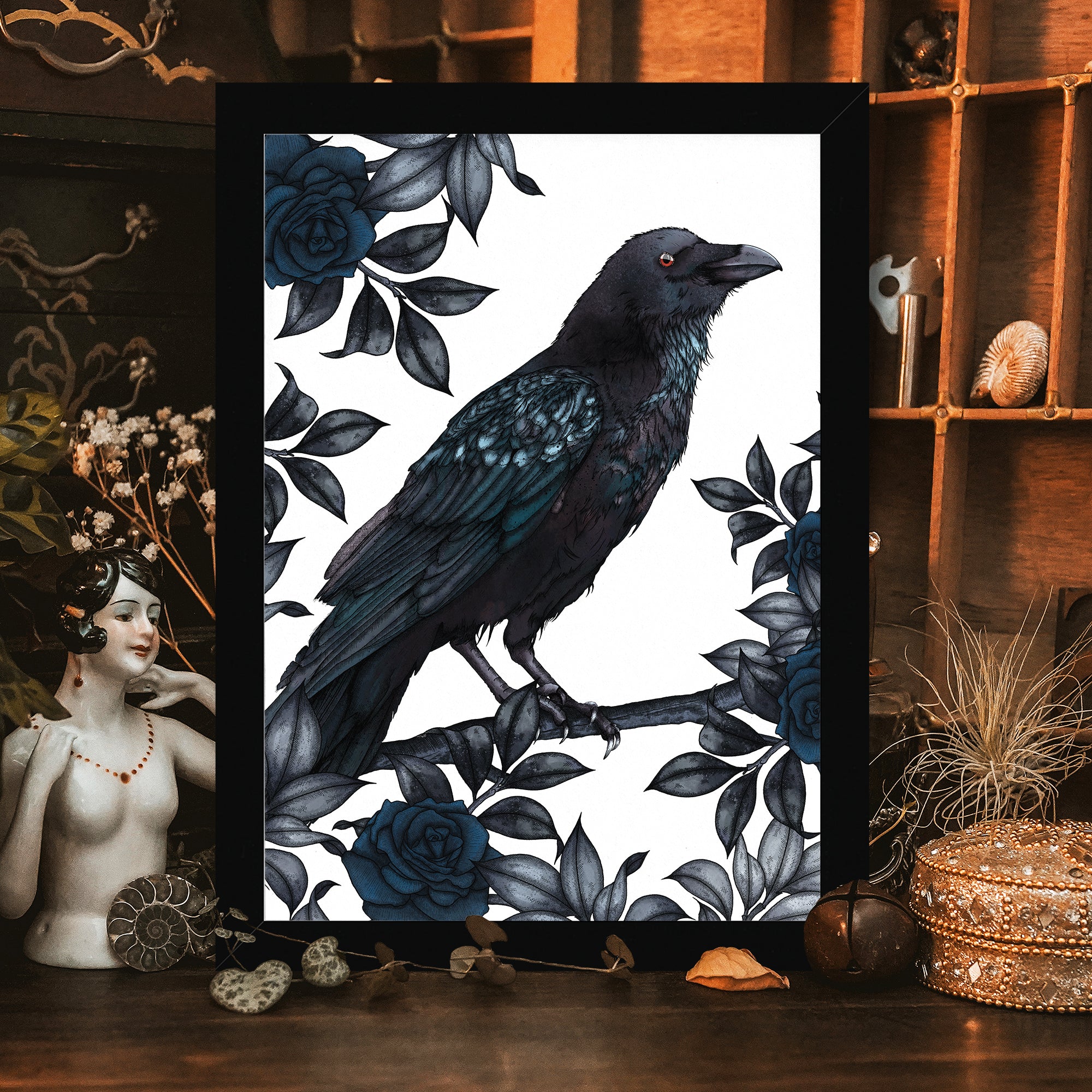 Raven and Roses - Framed Giclée Art Print