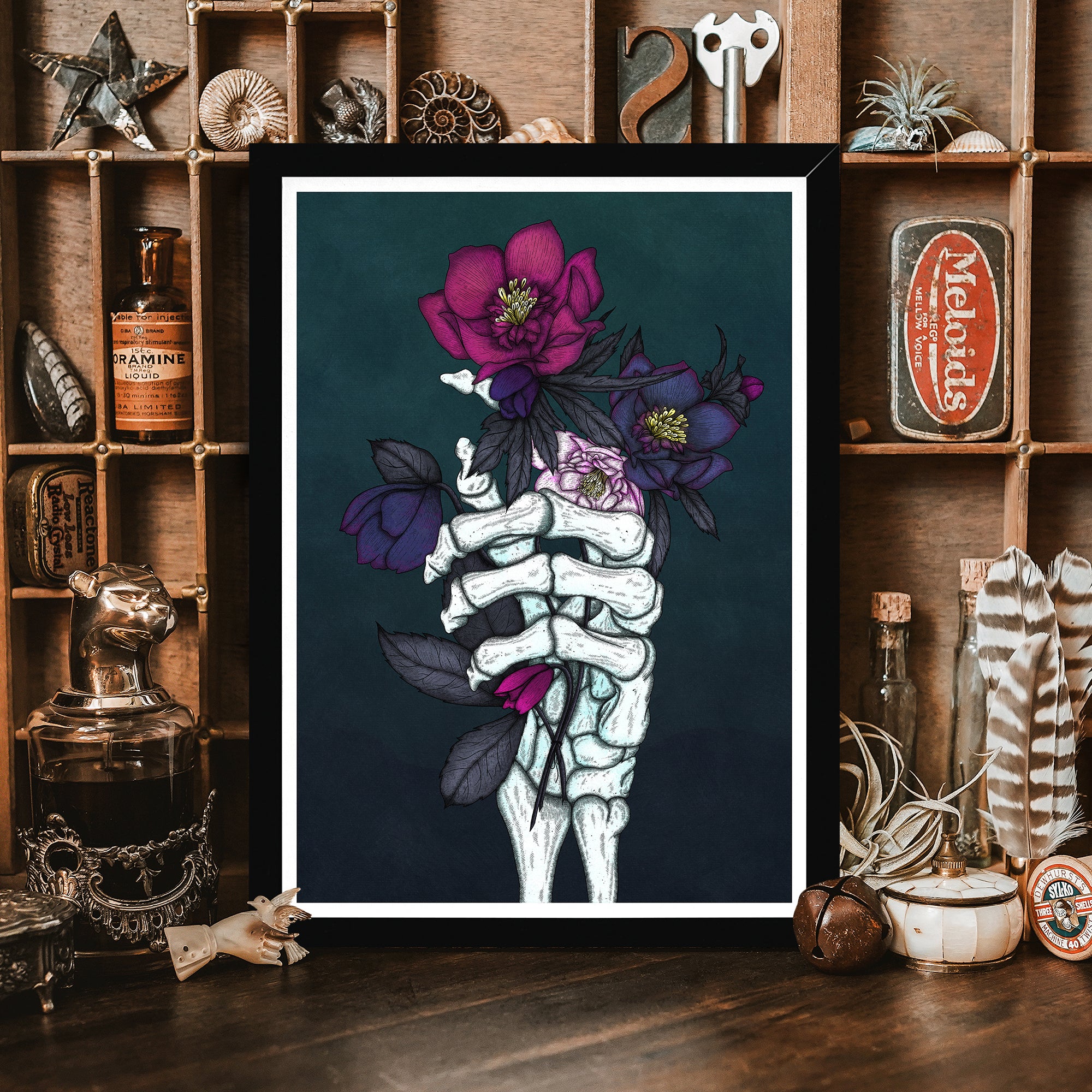 Skeleton and Hellebores - Framed Giclée Art Print