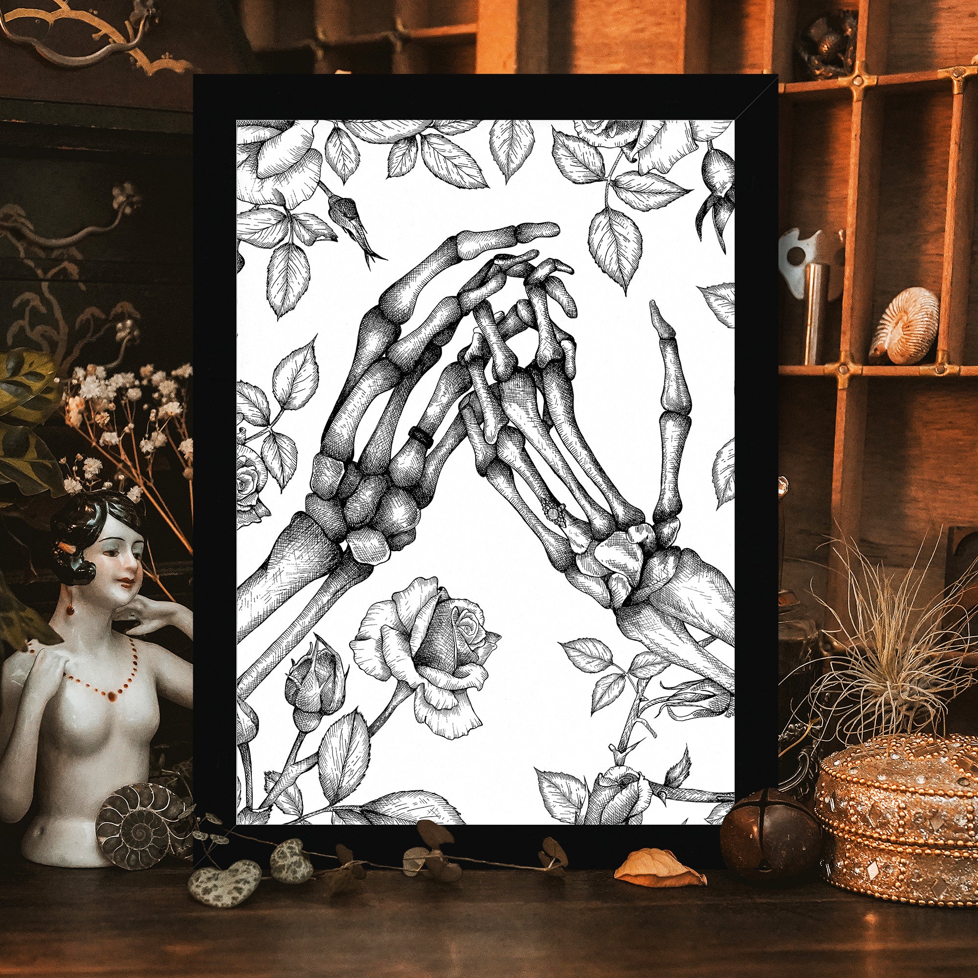 Skeleton and Roses - Framed Giclée Art Print