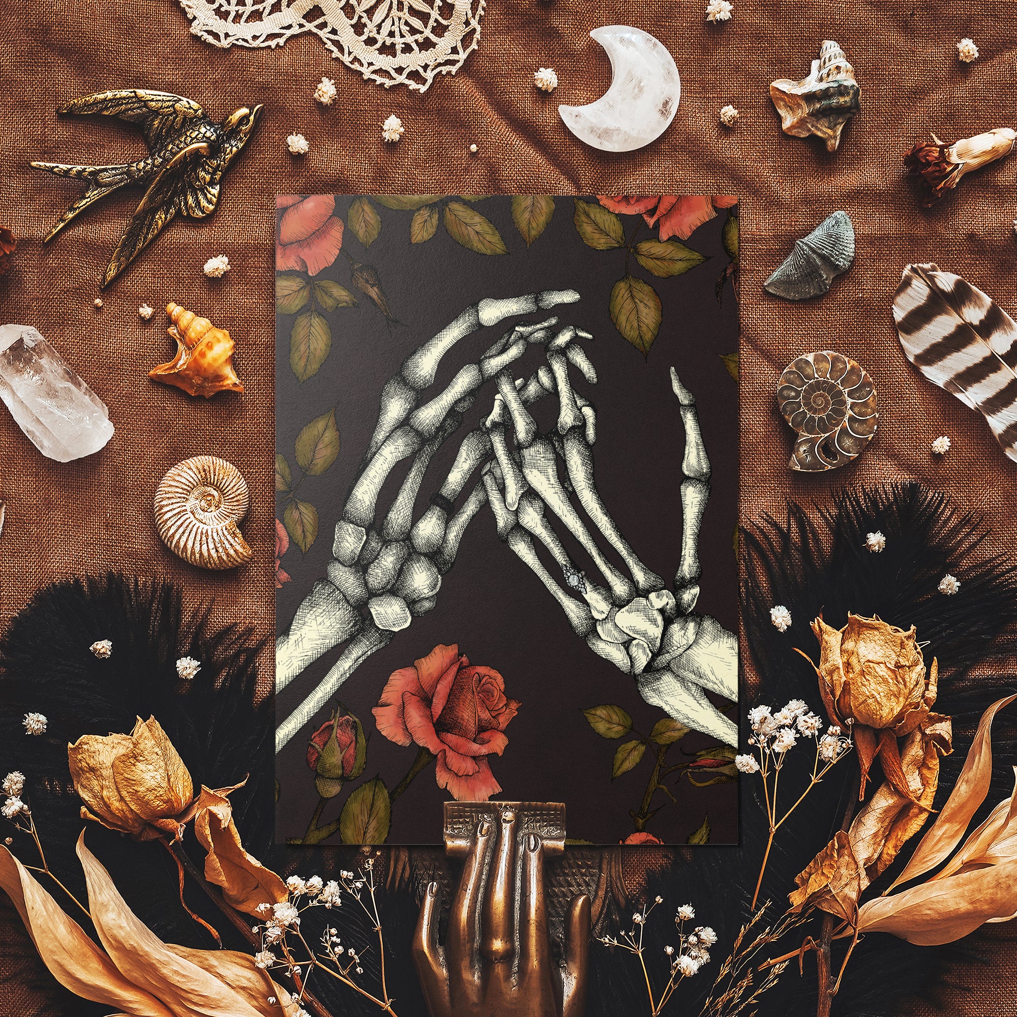 Skeleton and Roses - Glossy Fine Art Postcard