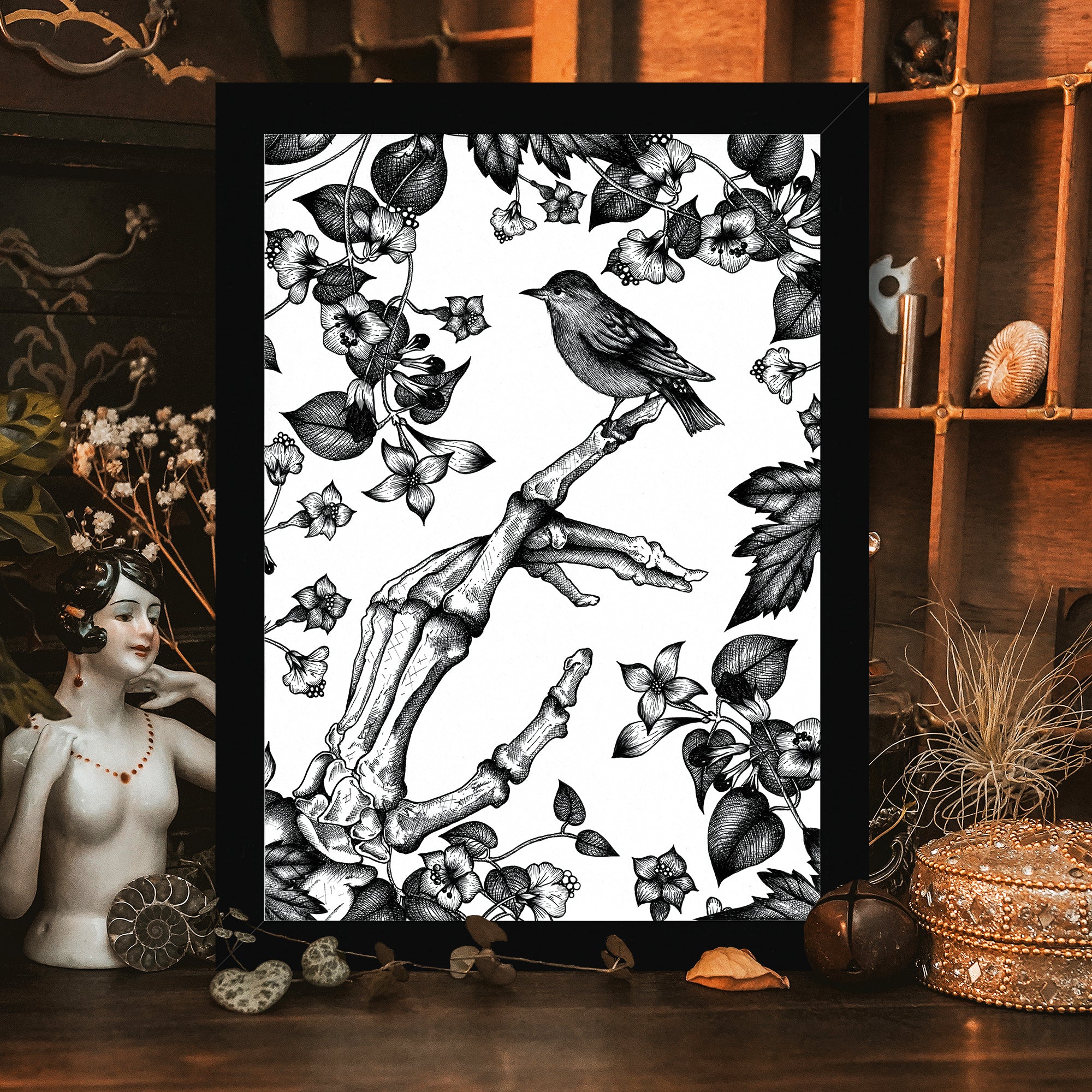 Skeleton and Sparrow - Framed Giclée Art Print