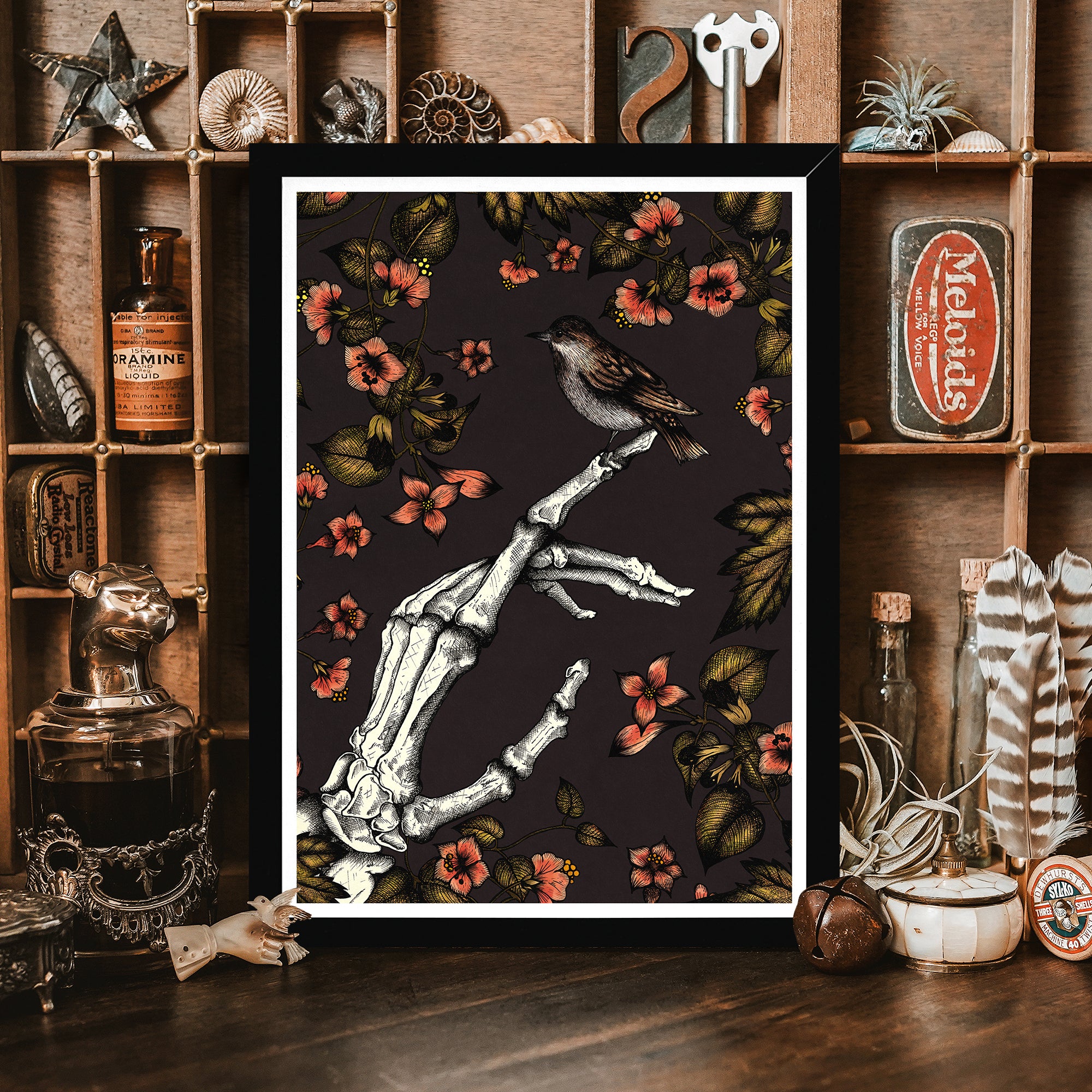 Skeleton and Sparrow - Framed Giclée Art Print