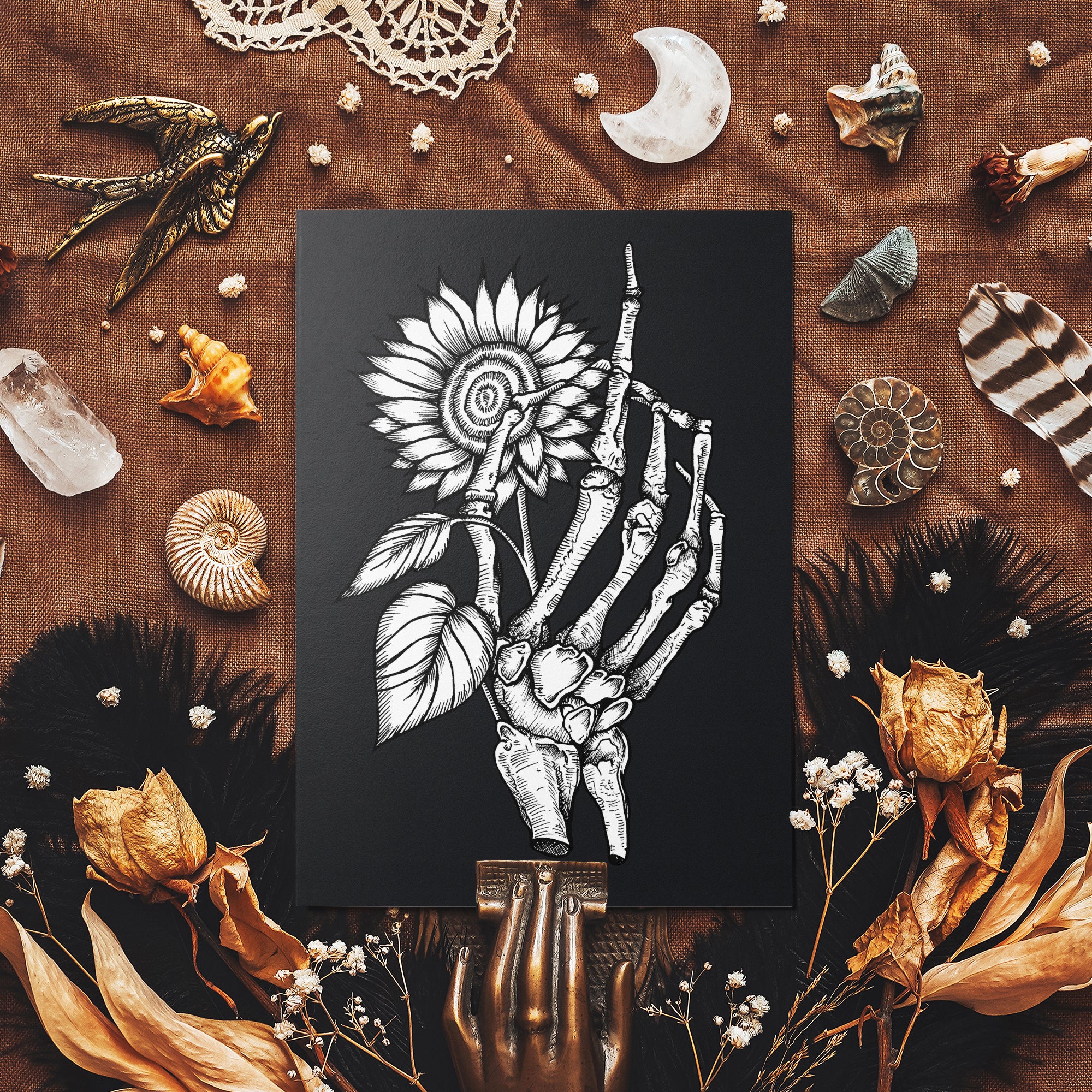 Skeleton and Sunflower - Glossy Fine Art Postcard