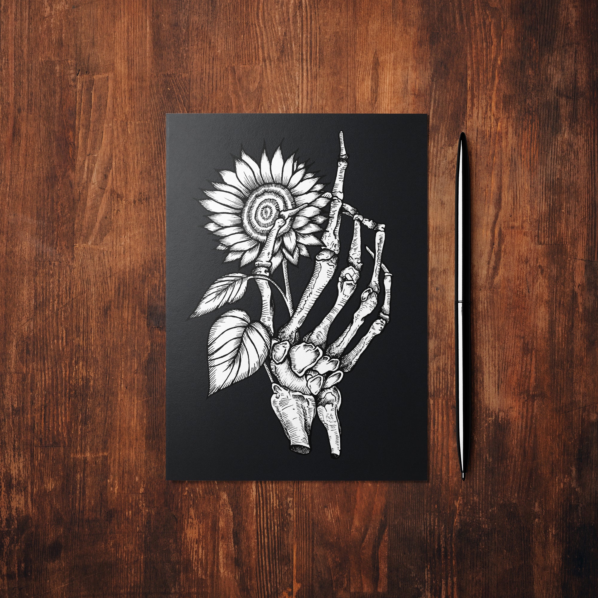 Skeleton and Sunflower - Glossy Fine Art Postcard