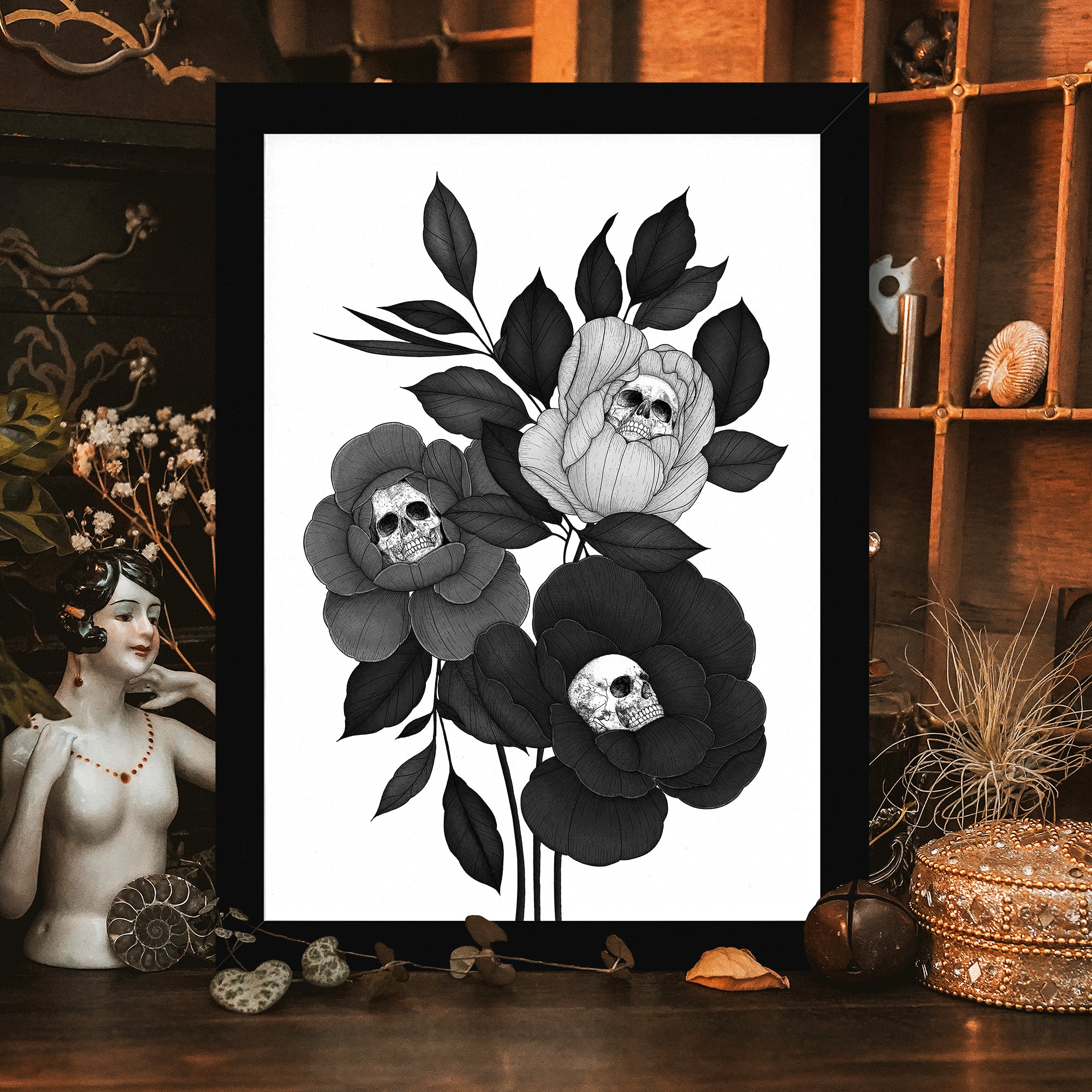 Skull Peonies - Framed Giclée Art Print