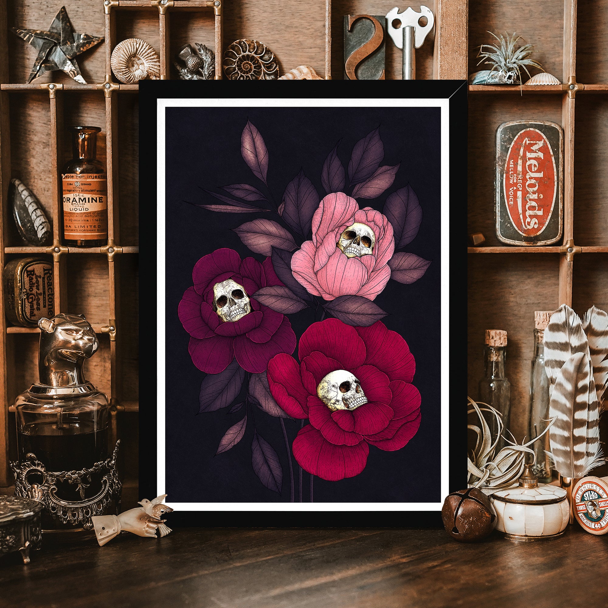 Skull Peonies - Framed Giclée Art Print