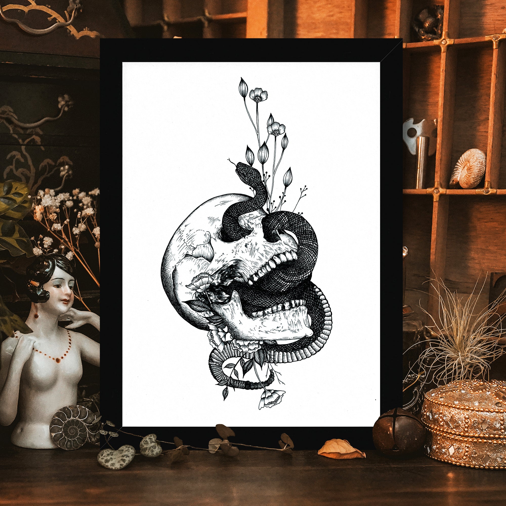 Snake and Skull - Framed Giclée Art Print