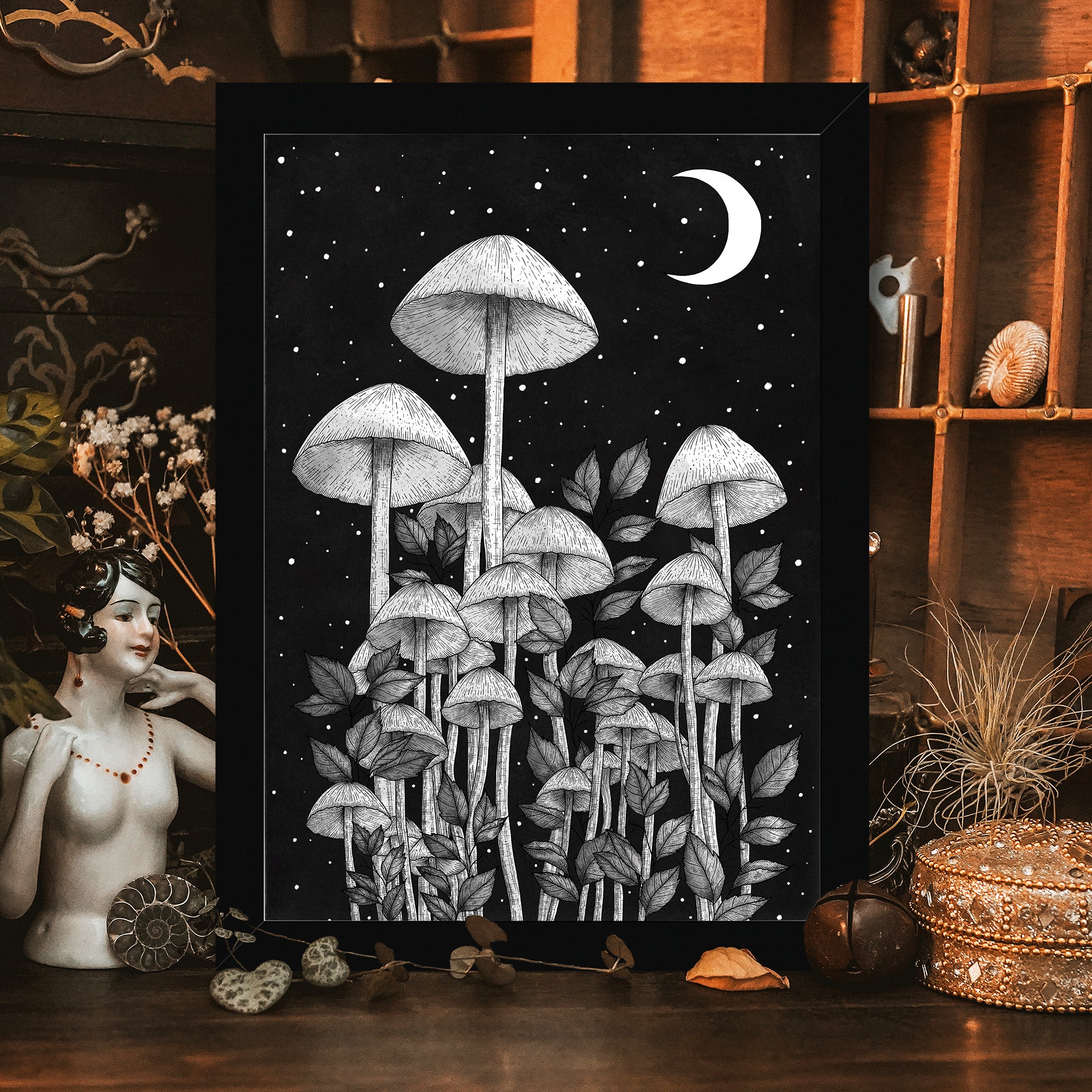 Starlight Mushrooms - Framed Giclée Art Print