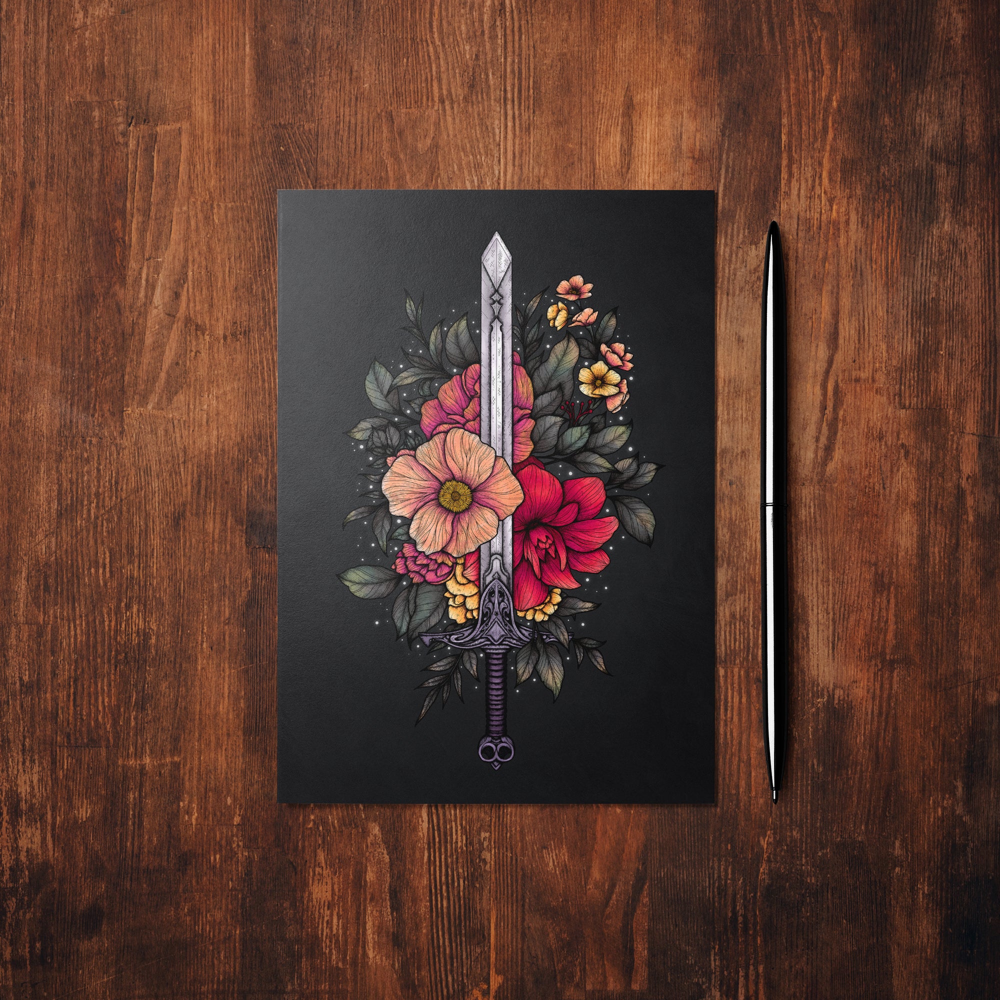 Sword and Blooms - Glossy Fine Art Postcard