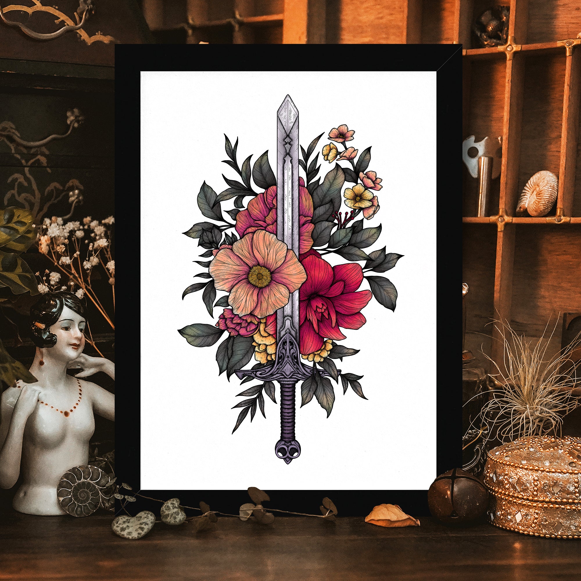 Sword & Blooms - Framed Giclée Art Print